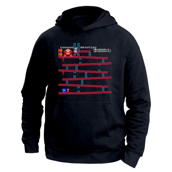 T-SHIRT FELPA NERA HOODIE DONKEY KONG CLASSICO NINTENDO VIDEOGIOCHI GAMER MARIO 80